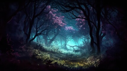 Mystical forest scene at night as digital art. Generative AI