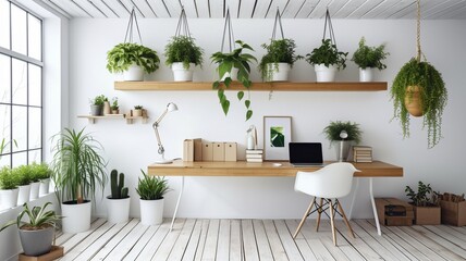 This simple but inviting office area is given life with hanging plants. GENERATE AI