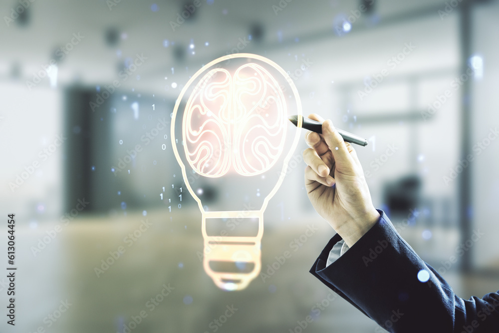 Poster man hand with pen draws abstract virtual idea concept with light bulb and human brain illustration o