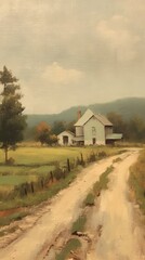 Fototapeta na wymiar Beautiful oil painting of a country road with a house. Generative AI