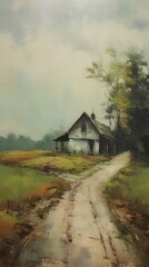 Beautiful oil painting of a country road with a house. Generative AI
