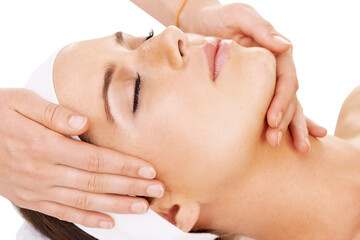 Face massage, spa and calm woman relax in beauty salon for clinic luxury care, support or facial...