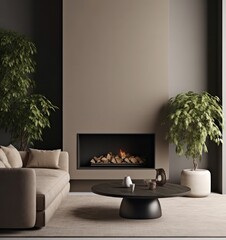 Modern Minimalist Living Room, Close-up Detail of Fireplace..