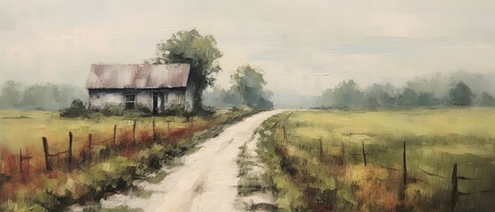 Fototapeta na wymiar Beautiful oil painting of a country road with a house. Generative AI