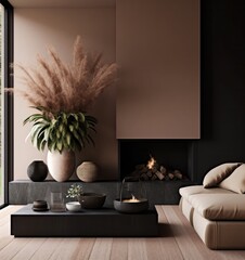 Elegant Fireplace in Minimalist Contemporary Living Room..