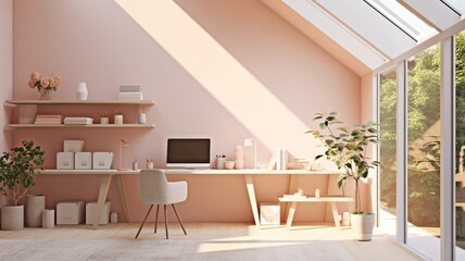 This modern workspace's blush pink and crisp white surfaces are lit by natural light. GENERATE AI