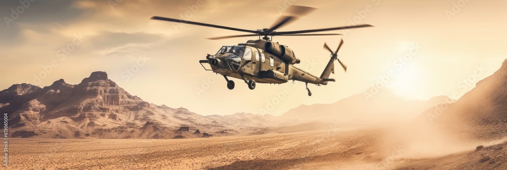 Wall mural military helicopter flies over a desert landscape. generative ai