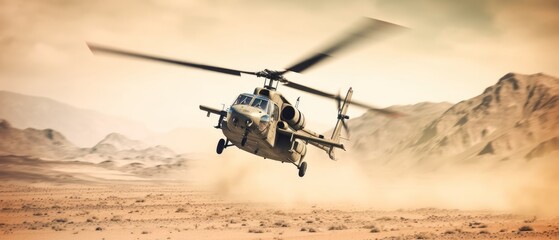 Military helicopter flies over a desert landscape. Generative AI