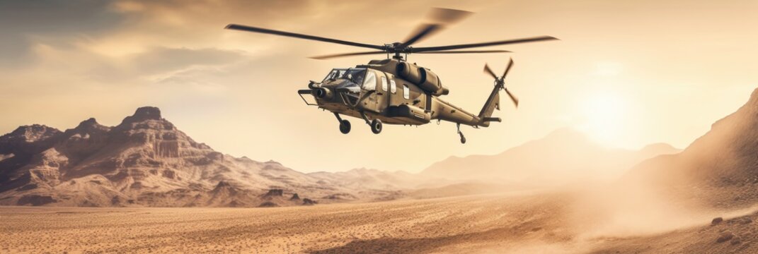 Military Helicopter Flies Over A Desert Landscape. Generative AI