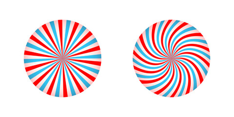 Fototapeta premium Straight and swirled pink and blue radial stripes in round shape. Circus or carnival big top background. Bubble gum, sweet lollipop candy, ice cream twisted texture. Vector cartoon illustration