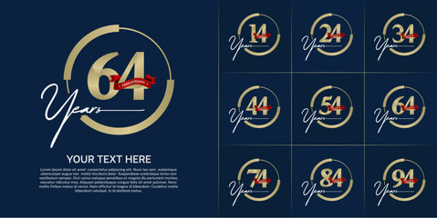 set of anniversary logo with golden number in circle and red ribbon can be use for celebration