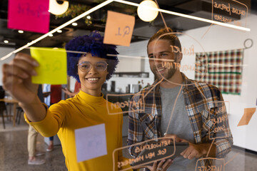 Diverse creative colleagues in discussion brainstorming making notes on glass wall in office
