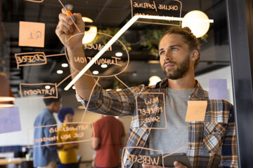 Caucasian casual businessman making notes on glass wall in office, brainstorming