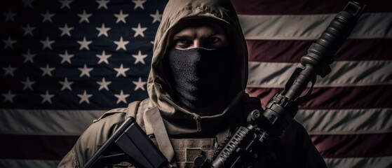 An American soldier holds a firearm with an American flag in the background. Concept of freedom and patriotism. Generative AI