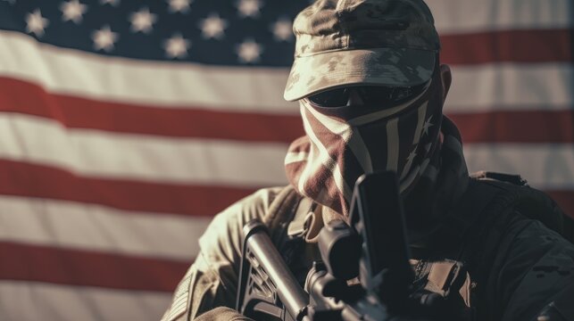 An American soldier holds a firearm with an American flag in the background. Concept of freedom and patriotism. Generative AI