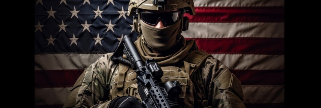 An American soldier holds a firearm with an American flag in the background. Concept of freedom and patriotism. Generative AI
