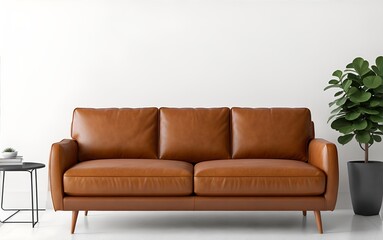 minimalist modern living room with a leather brown sofa, Generative AI.