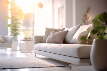 Fototapeta na wymiar Luxurious living room with comfortable sofa, houseplant, and window.