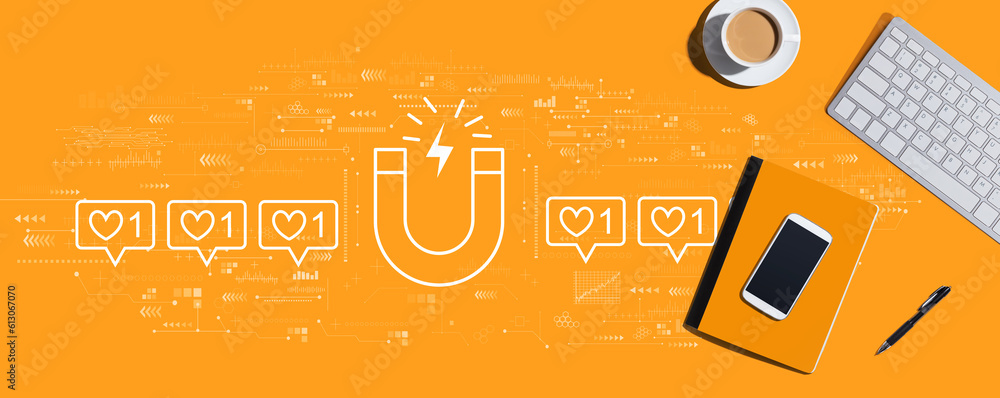 Poster get more likes concept with a computer keyboard and office items