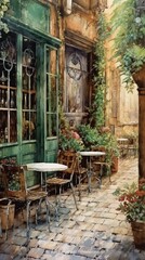 Fototapeta na wymiar Retro charming café with terrace, Parisian style oil painting, generative ai