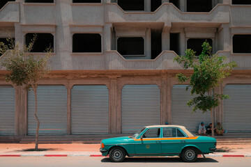 Mirleft, Morocco - old Mercedes Benz sedan Grand Taxi parked on street outside a building with closed steel doors. Shared vehicle in turquoise and yellow. Transportation for city to city travel.