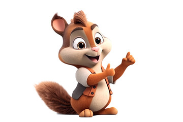 cartoon character funny squirrel pointing fingers at a copy space on a white isolated background. Generative AI illustration