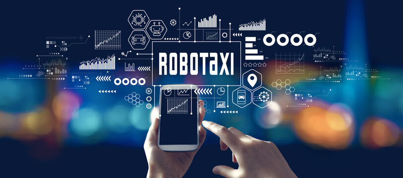 Robotaxi theme with person using a smartphone in a city at night
