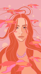 An illustration depicting a portrait of a girl personifying the Pisces zodiac sign