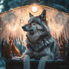 Wolfdog sitting in enchanted forest