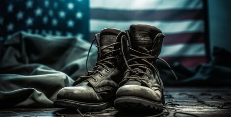 Military boots and American flag in the background. Generative AI