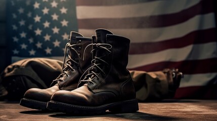 Military boots and American flag in the background. Generative AI