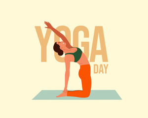 Yoga Day big typography text with a woman practicing yoga illustration vector with bright yellow background social media post layout