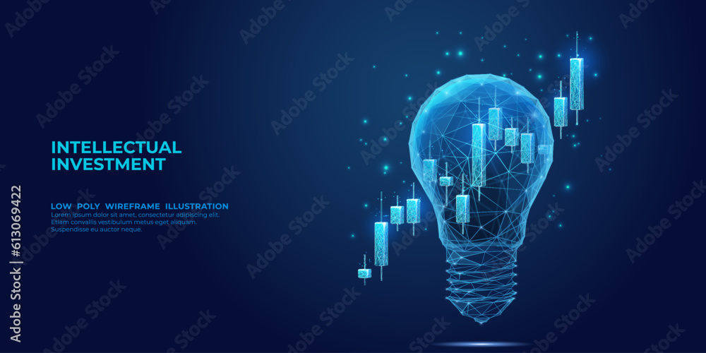 Poster vector illustration 3d low poly stock market candlestick inside a digital light bulb. economics or f