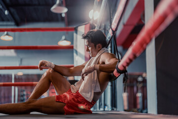 Professional boxer feels exhausted, fatigued after putting up intense effort and discipline while...