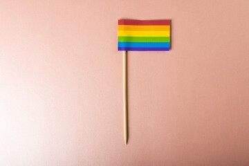 Overhead view of rainbow flag with stick isolated against pink background, copy space