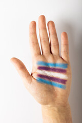 Cropped hand of caucasian woman with blue, violet and white stripes painted on palm, copy space