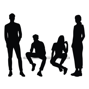 Vector silhouettes of  men and a women, a group of standing and sitting business people, profile, couple, black color isolated on white background