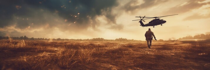 A special forces soldier walks across the battlefield with a helicopter in the background. Generative AI - obrazy, fototapety, plakaty