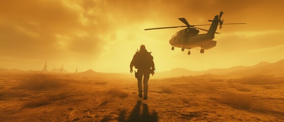 Fototapeta na wymiar A special forces soldier walks across the battlefield with a helicopter in the background. Generative AI