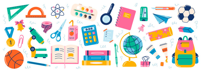 Set of school supplies. Vector flat illustration in hand drawn style. Back to school - obrazy, fototapety, plakaty