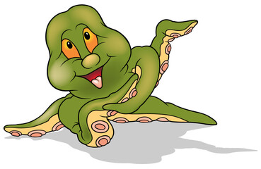 Green Cheerful Octopus with Raised Tentacle and Smiling Face with Yellow Eyes