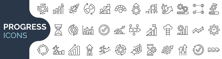 Set of outline icon related to progress, growth, efficiency. Linear icon collection. Editable stroke. Vector illustration - 613070693