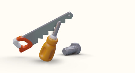 Basic repairs, simple jobs. Repair of minor damage. Fitting and installation of furniture. Modern poster with realistic illustration. Home improvement. Floating instruments