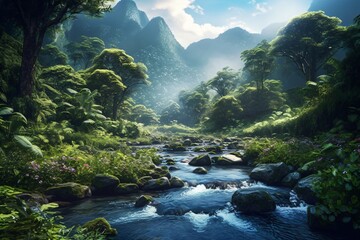 Naklejka na ściany i meble a mountain stream in a lush green valley, fictional landscape created with generative ai