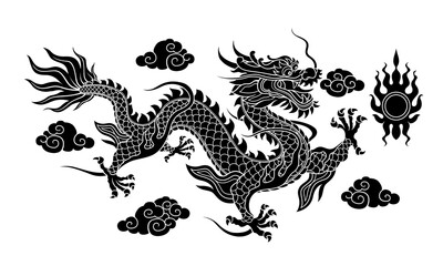 Chinese dragon graphics Line patterns on a flat colored background are used for decoration.
