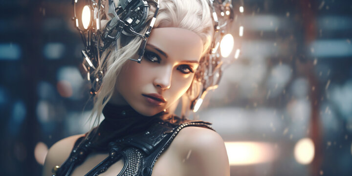 crazy female cyborg portrait, dystopian fashion woman, fictional person created with generative ai