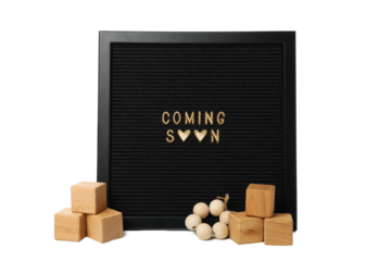 PNG, Coming soon baby concept with letter board, isolated on white background
