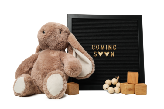 PNG, Coming soon baby concept with letter board, isolated on white background