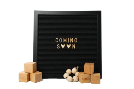 PNG, Coming soon baby concept with letter board, isolated on white background