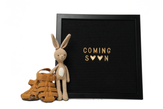 PNG, Coming soon baby concept with letter board, isolated on white background